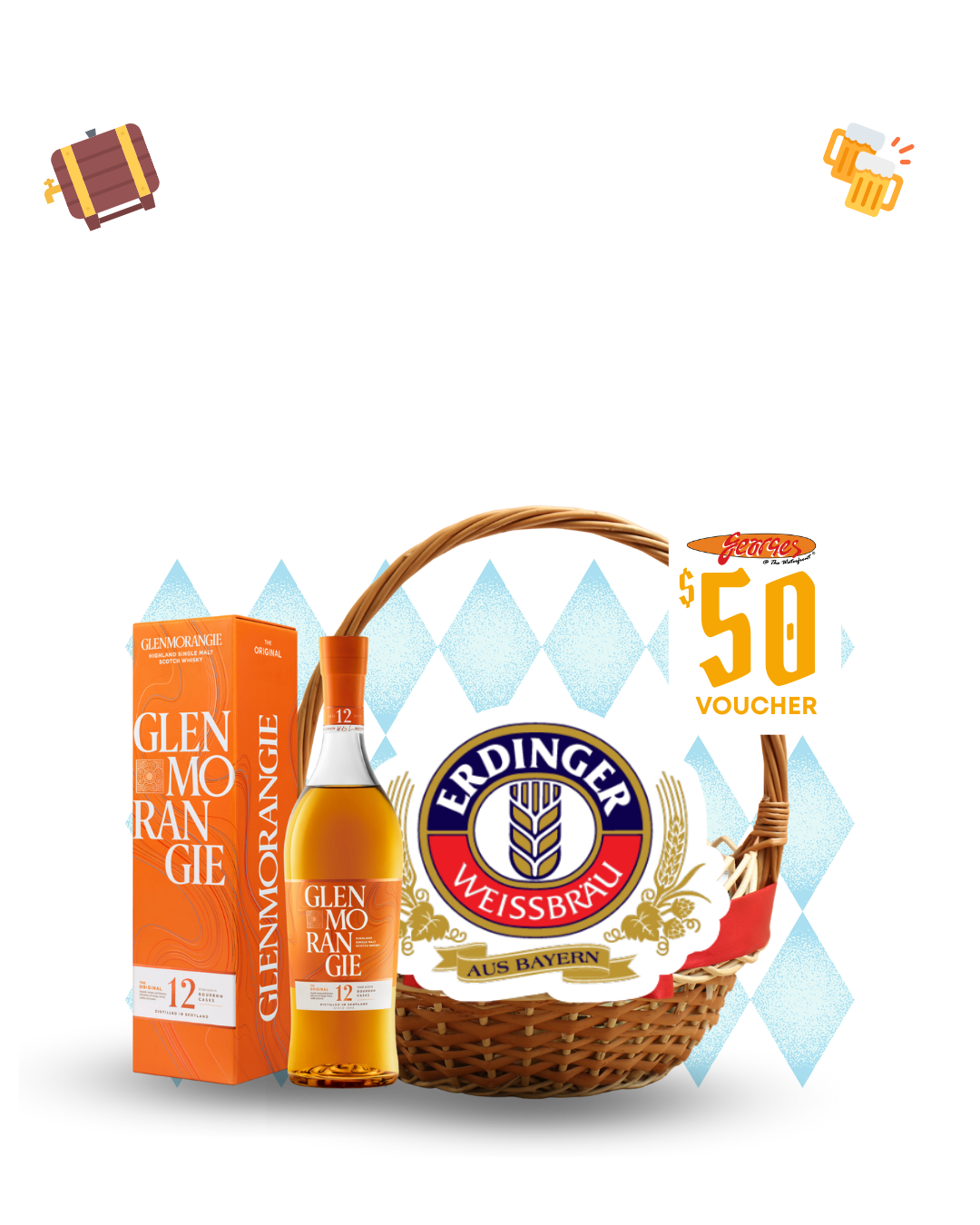 Lucky Draw prizes for Oktoberfest Singapore 2025 including Glenmorangie whisky, Erdinger hamper, and georges $50 vouchers worth up to $250
